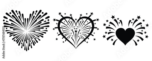 heart fireworks silhouette Valentine icon set,Black color simple Vector icons
