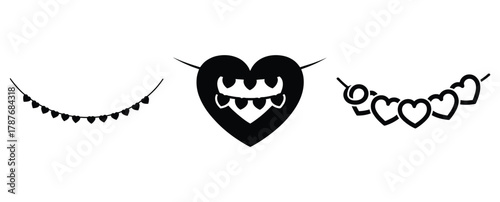 heart garland silhouette Valentine icon set,Black color simple Vector icons