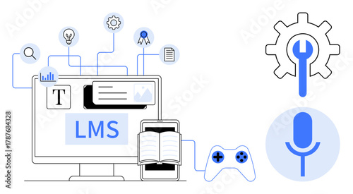 LMS dashboard on desktop with book, gaming controller, microphone, and cogwheel. Ideal for education, e-learning, training, innovation technology multimedia communication. Simple flat metaphor