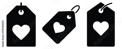 heart gift tag silhouette Valentine icon set,Black color simple Vector icons