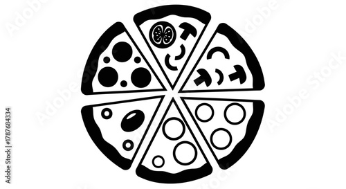 Black and white pizza slices with different toppings arranged editable vector file