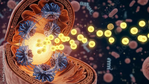 Active ATP synthase molecules synthesize ATP in rhythmic motion as glowing packets detach