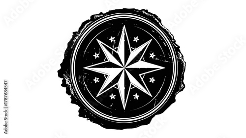 Vintage Compass Rose Symbol with Eight Points and Stars. Distressed Black and White Grunge Graphic Emblem, Navigation Icon.