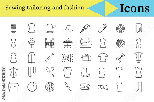 Sewing and tailoring line icons collection for fashion design and textile projects