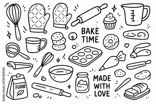 Hand-drawn doodle vector collection of baking tools including whisk, rolling pin, and oven mitts, created in a playful, sketchy doodle style, isolated on white background
