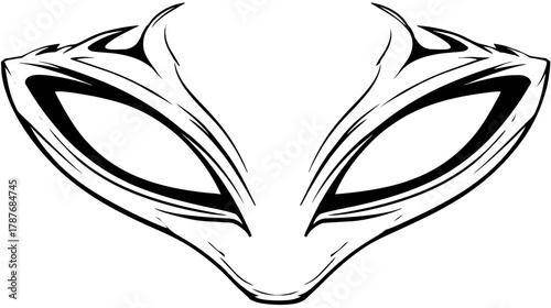 Stylized abstract mask with piercing eyes, black and white vector illustration, enigmatic and futuristic design