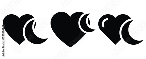 heart moon silhouette Valentine icon set,Black color simple Vector icons