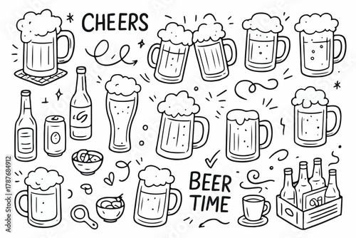 Hand-drawn doodle vector collection of beer mugs, bottles, and foam, illustrated in a playful, sketchy doodle style, isolated on white background
