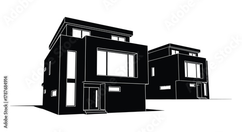 Two modern black minimalist houses on a white background art editable vector file