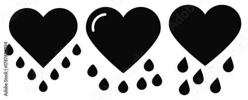 heart rain silhouette Valentine icon set,Black color simple Vector icons