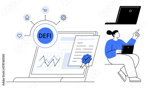 Laptop displaying DEFI with graphs, certificate, and icons for various use cases. Individual analyzing data. Ideal for blockchain, cryptocurrency, finance, technology, investment and education