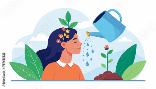 A woman watering a plant growing from her head, symbolizing self-care and personal growth.