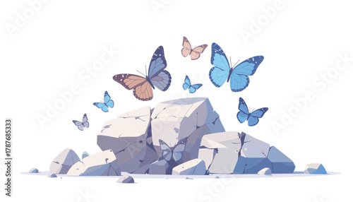 A cluster of light blue and brown butterflies gracefully flying around a pile of white rocks.