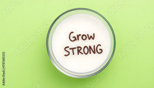 A glass bowl of milk with grow strong written in chocolate