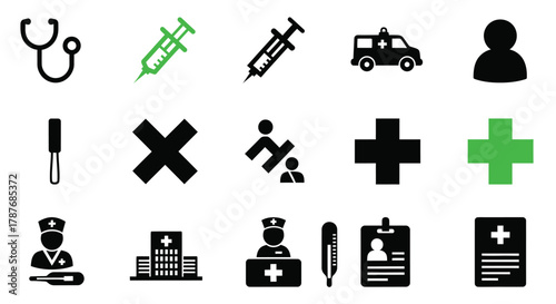Collection of medical related icons on a white background editable vector file