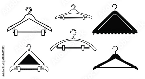 Illustration of various types of clothes hangers in black and white editable vector file