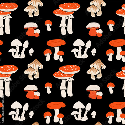 Seamless autumn mushroom patterns with fly agaric, porcini, and forest fungi in cozy hand drawn flat vector style, fall woodland seamless design for fabric, wrapping paper, kitchen decor