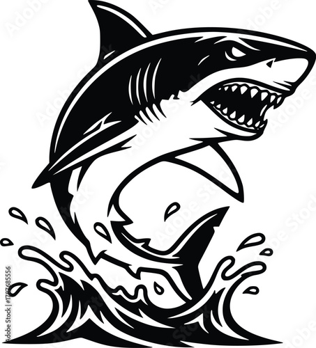 Jumping shark line art with water droplets, symbol of power and attack.