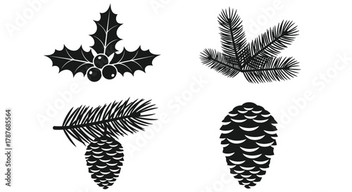 Black and white christmas holly pine and cone clip art vector editable vector file
