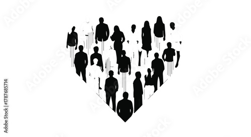 Diverse group of people forming a heart shape, symbolizing unity and connection.
