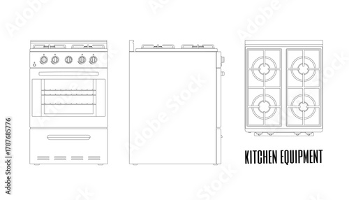 Outline kitchen stove front, side and top views. Contour electric oven blueprint. Domestic gas equipment. Cooking appliance drawing