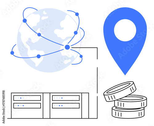 Globe with connected nodes, data servers, location marker, and stack of coins. Ideal for technology, data storage, cloud computing, geolocation networking finance international business. Simple