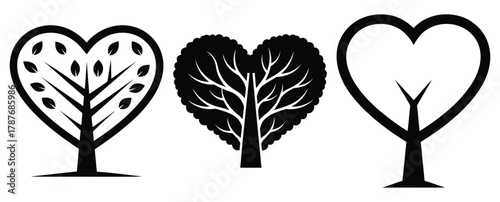 heart tree silhouette Valentine icon set,Black color simple Vector icons