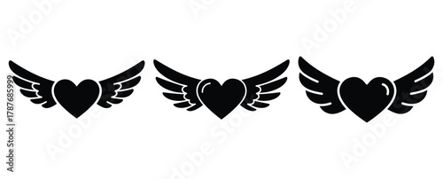 heart wings silhouette Valentine icon set,Black color simple Vector icons