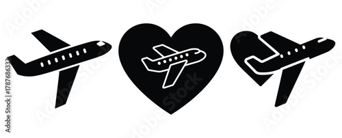love airplane silhouette Valentine icon set,Black color simple Vector icons