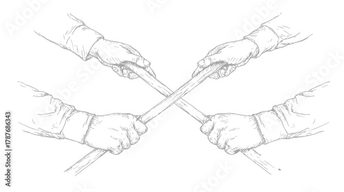 Four hands hold and cross wooden sticks in a pencil drawing, symbolizing teamwork, conflict, negotiation, or challenge.
