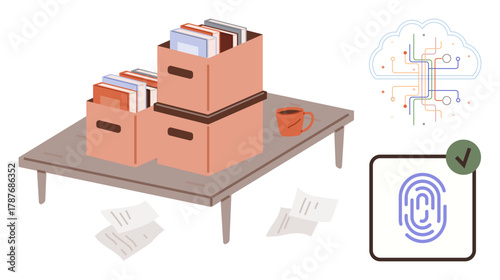 Stacked boxes with books and paperwork on table, coffee mug, cloud network, and biometric scan. Ideal for data protection, organization, digital storage, technology, cloud security authentication