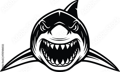 Jumping shark line art with water droplets, symbol of power and attack.