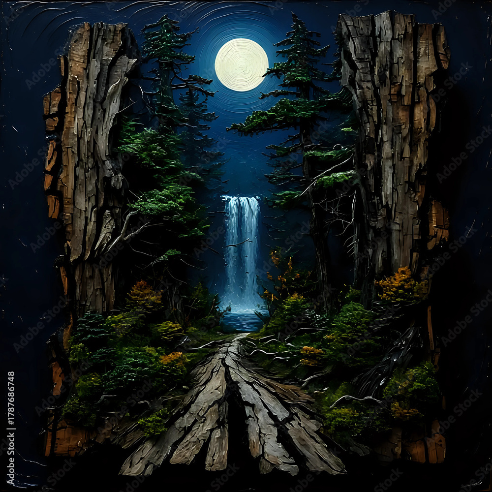 Obraz premium Waterfall inside a forest night scene I Wall Decor 