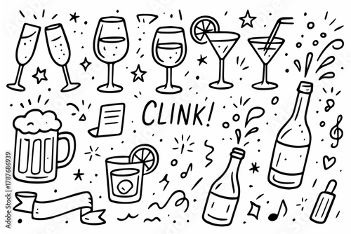 Hand-drawn doodle vector collection of cheers glasses and celebratory drinks, created in a fun, playful, sketchy doodle style, isolated on white background
