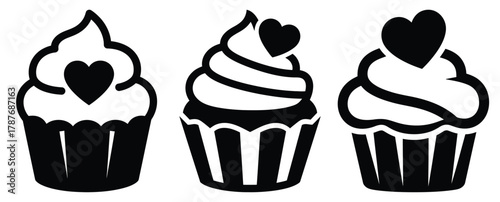 love cupcake silhouette Valentine icon set,Black color simple Vector icons