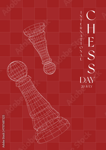 International chess day banner illustration with modern 3d pieces vector design.