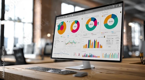 Business analytics dashboard with charts and graphs on a computer monitor in a modern office
