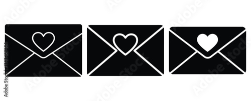 love letter silhouette Valentine icon set,Black color simple Vector icons