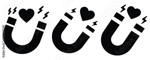 love magnet silhouette Valentine icon set,Black color simple Vector icons