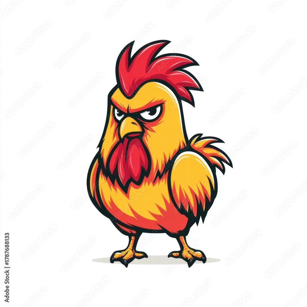 Fototapeta premium This cartoon rooster with an angry expression stands out with its bold colors and fierce look.