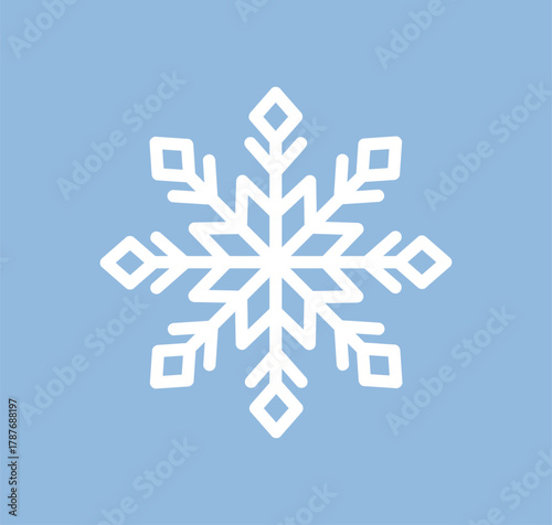 Snow flake crystal shape. Frozen snowy pattern, geometric design element. Snowflake, cold temperature, weather. Frosty decoration. Seasonal winter ornament. Isolated flat vector illustration