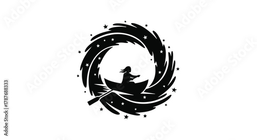 Silhouette of a person rowing a boat through a starry, swirling vortex.