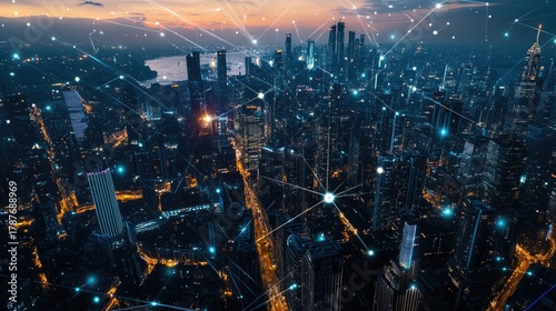 Aerial view of a modern city with abstract glowing lines illustrating wireless internet connectivity and IoT concept