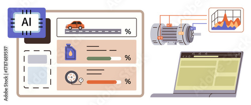 Smart AI chip, vehicle status, oil level, tire pressure, industrial motor, data graphs on laptop. Ideal for technology, AI, automation industry vehicle diagnostics performance analysis data