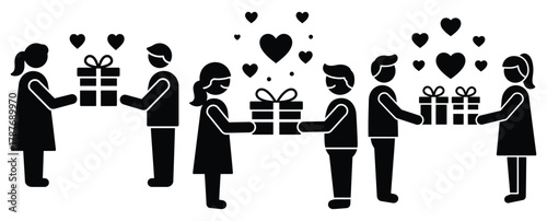 couple exchanging gifts silhouette Valentine icon set,Black color simple Vector icons