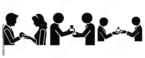 couple exchanging ring silhouette Valentine icon set,Black color simple Vector icons