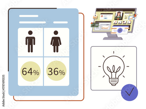 Gender ratio chart with percentages, analytics screen, light bulb for ideas, and a checkmark symbol. Ideal for statistics, analytics, creativity, validation, demographics data presentation