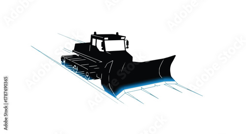 Heavy construction vehicle clearing snow from a road with a powerful plow