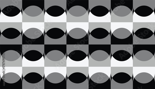 Seamless black, white, and gray geometric pattern featuring curved oval shapes forming a balanced optical illusion. The modern abstract design creates a sense of depth and rhythm