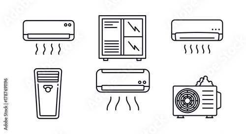Line art icons illustrating various types of air conditioning units for cooling and climate control.